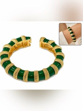 Bamboo Gold Emerald Green Enamel Statement Bracelet vintage Designer Inspired